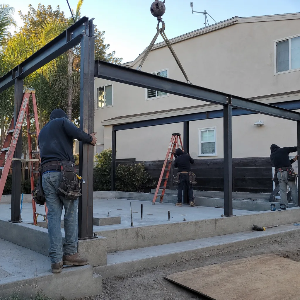 Construction crew installing steel beams for an Accessory Dwelling Unit project