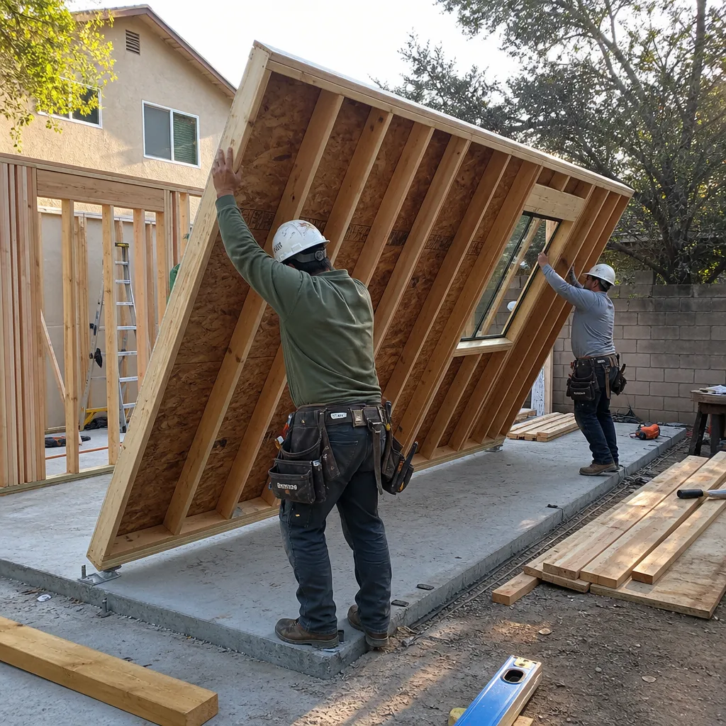 Two construction workers installing a pre-framed wall for a new ADU.