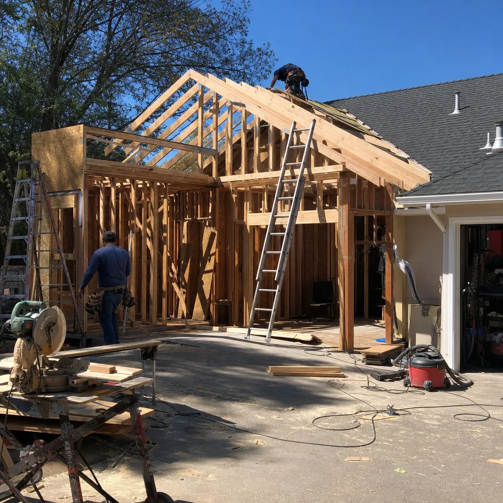 Contractors building a wooden home addition frame on a sunny day.