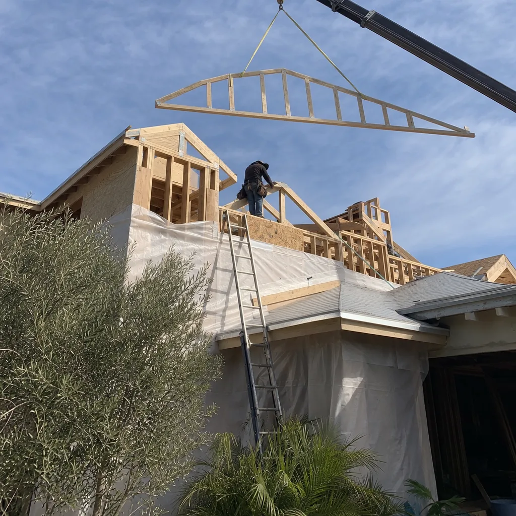 Contractor installing wooden roof truss on a custom home addition project