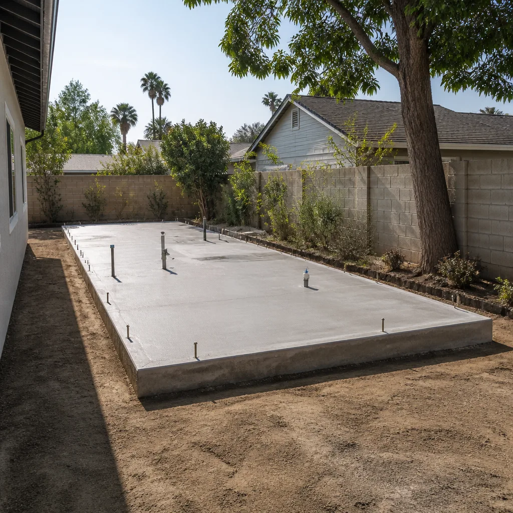 A fresh concrete slab for a backyard ADU